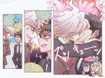  2boys 2girls anger_vein angry bangs black_jacket black_pants blonde_hair brown_eyes brown_hair brown_jacket danganronpa_(series) danganronpa_3_(anime) drink eating english_text eye_contact food formal green_eyes grey_eyes grey_hair hair_between_eyes hair_horns hairband hand_on_hip heart highres hinata_hajime hope&#039;s_peak_academy_school_uniform jacket kiss komaeda_nagito long_hair looking_at_another male_focus midori_(310ri_21) mioda_ibuki multicolored_hair multiple_boys multiple_girls necktie pants pink_eyes popcorn red_necktie school_uniform shiny shiny_hair smile sonia_nevermind translation_request vest yaoi 