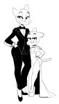  2021 age_difference anthro black_tie_(suit) bow_tie cartoon_network clothed clothing crossdressing dbaru domestic_cat dress duo ear_piercing embrace eyelashes felid feline felis female fully_clothed gumball_watterson half-closed_eyes hand_behind_back hand_in_pocket hand_on_hip hand_on_shoulder hi_res high_heels hug looking_at_viewer male mammal mature_anthro mature_female monochrome mother narrowed_eyes nicole_watterson older_anthro older_female parent piercing pockets sketch smile son suit teeth_showing the_amazing_world_of_gumball young younger_anthro younger_male 