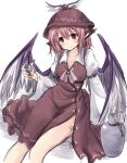  1girl absurdres animal_ears bird_ears bird_wings blush breasts brown_dress brown_headwear cleavage closed_mouth collarbone cup dress feet_out_of_frame fingernails hair_between_eyes highres holding holding_cup juliet_sleeves kokutou_nikke long_fingernails long_sleeves medium_breasts mystia_lorelei nail_polish one-hour_drawing_challenge pink_hair puffy_sleeves purple_nails red_eyes sharp_fingernails short_hair smile solo touhou white_wings wide_sleeves winged_hat wings 