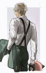  1boy 1girl anya_(spy_x_family) bishounen black_gloves blonde_hair cowboy_shot formal from_behind gloves green_suit highres holding_hands male_focus pienahenggou pink_hair shirt solo_focus spy_x_family suit suspenders twilight_(spy_x_family) white_shirt 