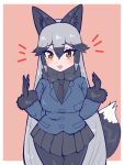  1girl animal_ears aramaru black_bow black_bowtie black_fur black_gloves black_necktie blue_coat blue_jacket bow bowtie breasts coat extra_ears fox_ears fox_girl fox_tail fur-trimmed_sleeves fur_trim gloves grey_hair highres jacket kemono_friends kemono_friends_3 khakis large_breasts looking_at_viewer necktie orange_eyes silver_fox_(kemono_friends) solo tail 