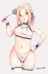  1girl alternate_costume ass_visible_through_thighs bare_shoulders blonde_hair blush breasts commentary_request cropped_legs enmaided eromanga_sensei frilled_legwear grey_background groin hand_on_hip highres holding kudou_maimu ladle long_hair looking_at_viewer maid maid_headdress medium_breasts navel nose_blush open_mouth pointy_ears ringlets simple_background solo thigh_gap thighhighs twitter_username white_legwear wrist_cuffs yamada_elf 
