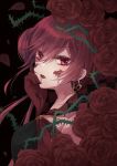 1girl black_background blood breasts closed_mouth dress flower frown gloves head_rest highres konokikiki looking_at_viewer original petals queen_of_hearts_(konokikiki) red_eyes red_hair rose rose_petals solo thorns 