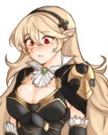  1girl absurdres blood breasts cleavage cleavage_cutout clothing_cutout corrin_(fire_emblem) corrin_(fire_emblem)_(female) fire_emblem fire_emblem_fates fire_emblem_heroes hairband highres large_breasts long_hair looking_down official_alternate_costume pointy_ears red_eyes solo tridisart upper_body very_long_hair white_background 
