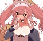  1girl alternate_breast_size alternate_costume animal_ear_fluff animal_ears breasts cleavage enmaided eyebrows_visible_through_hair fang fate/extra fate_(series) fox_ears fox_girl fox_tail heart heart_hands huge_breasts looking_at_viewer maid pink_hair solo tail tamamo_(fate) tamamo_no_mae_(fate/extra) tsukimi_okayu twintails white_background yellow_eyes 