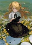  1girl animal bangs bird black_ribbon black_skirt blonde_hair closed_mouth commentary_request crow eyepatch fischl_(genshin_impact) genshin_impact green_eyes hair_ribbon highres holding holding_animal holding_bird long_hair long_skirt pla4neta ribbon shirt short_sleeves skirt smile two_side_up white_shirt 