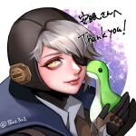  1girl apex_legends black_gloves blue_jacket commission deep_current_wattson eyepatch gloves grey_hair holding holding_stuffed_toy jacket looking_at_viewer official_alternate_costume one_eye_covered shirt skeb_commission smile solo sparkle stuffed_toy tama_(ponz3o1) twitter_username wattson_(apex_legends) white_shirt 