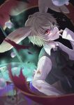  1boy animal_ears blonde_hair blood blood_splatter green_eyes heterochromia highres holding holding_weapon konokikiki long_sleeves looking_to_the_side male_focus march_hare_(konokikiki) original rabbit_boy rabbit_ears red_eyes scythe solo weapon 