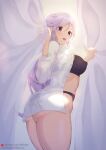  1girl a-o_a absurdres ass breasts commission commissioner_upload curtains fanbox_username fire_emblem fire_emblem:_genealogy_of_the_holy_war fire_emblem_heroes highres ishtar_(fire_emblem) large_breasts long_hair long_sleeves open_mouth patreon_username purple_eyes purple_hair shirt sunlight underwear white_shirt 