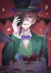  1boy blood cake facing_viewer fang food formal hair_over_one_eye highres knife konokikiki long_sleeves looking_at_viewer mad_hatter_(konokikiki) male_focus one_eye_covered open_mouth original purple_eyes red_hair short_hair solo suit 