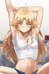 1girl arms_up bangs blonde_hair blue_shorts breasts closed_eyes collarbone crop_top fate/apocrypha fate_(series) highres jewelry long_hair midriff mordred_(fate) mordred_(fate/apocrypha) navel necklace parted_bangs shirt short_shorts short_sleeves shorts sidelocks sitting small_breasts solo tonee white_shirt 