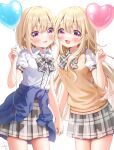  2girls :d absurdres balloon bangs blonde_hair blush bow bowtie clothes_around_waist commentary_request eyebrows_visible_through_hair gochuumon_wa_usagi_desu_ka? grey_bow grey_bowtie grey_skirt hair_between_eyes heart_balloon highres holding_hands jacket jacket_around_waist jinja_eru jinja_natsume long_hair looking_at_viewer mozukun43 multiple_girls open_mouth plaid plaid_bow plaid_bowtie plaid_skirt pleated_skirt puffy_short_sleeves puffy_sleeves purple_eyes school_uniform shirt short_hair short_sleeves siblings simple_background sisters skirt smile very_long_hair vest white_background white_shirt wing_collar yellow_vest 