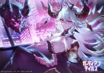  1girl bangs breasts city_lights colored_skin crossed_bangs demon demon_girl demon_queen_lilith dress grey_hair guardian_tales hair_ornament horns huge_breasts long_hair long_sleeves looking_at_viewer official_art purple_skin red_eyes sideboob sitting u_u_zan 