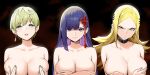  3girls :/ absurdres angry bangs black_collar blonde_hair blue_eyes blunt_bangs breasts character_request cleavage collar collarbone commentary_request covering covering_breasts covering_nipples earrings eyebrows_visible_through_hair frown hair_ornament highres izumo_tenka jewelry large_breasts long_sleeves looking_at_viewer mato_seihei_no_slave multiple_girls nude parted_bangs parted_lips purple_eyes purple_hair short_hair single_earring sky-freedom smile spiked_collar spikes tassel tassel_earrings v-shaped_eyebrows yamashiro_ren yellow_eyes 