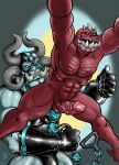  anal_beads anthro bdsm blue_body clothing demon fangs genitals gloves handwear hi_res horn horned_humanoid humanoid karhumies latex_clothing latex_gloves male male/male mask monster muscular muscular_male penile_spines penis red_body sex_toy submissive submissive_male 