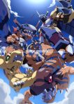  1boy agumon bangs blue_sky brown_hair brown_shorts claws cloud colored_skin copyright_name digimon digimon_(creature) digimon_adventure dinosaur gloves goggles goggles_on_head green_eyes greymon helmet highres horns metal_boots metalgreymon mikan_(mkn_0710) open_mouth orange_skin outdoors sharp_teeth shoes short_hair shorts sky teeth torn_wings wargreymon white_gloves wings yagami_taichi 