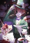  1boy blood cake fang food fork fruit hair_over_one_eye hat highres konokikiki looking_at_viewer mad_hatter_(konokikiki) male_focus one_eye_covered open_mouth original purple_eyes red_hair solo spoon strawberry tea top_hat 