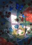  1girl alice_(konokikiki) blonde_hair blue_dress bow bug butterfly dress facing_up flower grass green_eyes hair_bow highres konokikiki looking_at_viewer looking_up lying on_back original petals rose rose_petals solo 