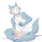  2022 anthro beastars bottomwear canid canine canis clothed clothing digital_media_(artwork) fully_clothed fur hi_res legoshi_(beastars) male mammal notched_ear ribbontini scar shirt shorts signature simple_background sitting solo tank_top teeth topwear white_background wolf 