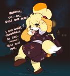  animal_crossing anthro blonde_hair canid canine canis clothed clothing domestic_dog drunk female hair isabelle_(animal_crossing) mammal nintendo shih_tzu submarine_screw substance_intoxication toy_dog video_games 