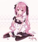  1girl alternate_costume apron blush breasts cleavage enmaided finger_to_own_chin frown hair_ribbon highres long_hair looking_at_viewer maid maid_apron maid_headdress original pink_eyes pink_hair ribbon sitting solo thighhighs twintails wariza yume_ne 