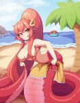  2girls alternate_hairstyle beach bikini breasts cherry_(snekfag) closed_mouth hair_between_eyes hair_ornament hairclip highres innertube jewelry lamia large_breasts miia_(monster_musume) monster_girl monster_musume_no_iru_nichijou multiple_girls ocean orange_eyes original outdoors palm_tree pointy_ears ponytail red_bikini red_hair ring scales smile solo_focus swimsuit tongue tongue_out tree vadaboob wedding_band 