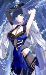  1girl absurdres armpits bangs bipup-hola black_gloves blue_dress blue_hair breasts cleavage coat dress elbow_gloves genshin_impact gloves green_eyes highres jewelry large_breasts looking_at_viewer medium_hair necklace parted_lips solo standing water white_coat yelan_(genshin_impact) 