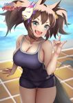  animal_ears bangs bare_shoulders blurry blurry_background bow breasts brown_hair cleavage collarbone commentary covered_navel fang green_eyes hair_bow hand_up highres horse_ears horse_girl horse_tail inari_one_(umamusume) large_breasts leaning_forward looking_at_viewer mask mask_on_head open_mouth poolside school_swimsuit short_eyebrows skin_fang skindentation smile solo standing swimsuit tail thigh_gap thighs tile_floor tiles tongue tsukareme twintails umamusume water yellow_bow 