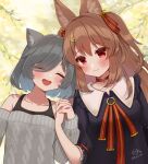  2girls :d ^_^ animal_ear_fluff animal_ears aran_sweater bangs black_dress braid breasts brown_hair cat_ears closed_eyes collared_dress commentary_request commission crown_braid detached_sleeves dress eyebrows_visible_through_hair grey_hair grey_sleeves grey_sweater hair_between_eyes hair_ornament hair_over_one_eye hairclip highres holding_hands interlocked_fingers long_hair masshirokachi multiple_girls original puffy_short_sleeves puffy_sleeves red_eyes short_hair short_sleeves signature skeb_commission sleeves_past_wrists small_breasts smile sweater twitter_username two_side_up upper_body x_hair_ornament 