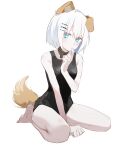  1girl animal_ears bag bare_arms bare_legs barefoot between_legs black_swimsuit blue_eyes breasts brown_collar collar date_a_live dog_ears dog_tail full_body hair_between_eyes hair_ornament hairclip hand_between_legs kemonomimi_mode looking_at_viewer medium_hair nogi_lace one-piece_swimsuit school_swimsuit simple_background sitting sketch small_breasts solo swimsuit tail tobiichi_origami wariza white_background white_hair 