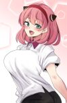  1girl :d anya_(spy_x_family) black_legwear blush breasts collared_shirt green_eyes hairband hairpods highres hinghoi large_breasts medium_hair older open_mouth pink_hair red_hairband shirt short_sleeves smile solo spy_x_family upper_body white_shirt 