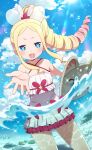  1girl alternate_costume alternate_hairstyle beatrice_(re:zero) blonde_hair blue_eyes blush bug butterfly day drill_hair highres in_water long_hair looking_at_viewer official_art open_mouth outdoors pink_hair ponytail puck_(re:zero) re:zero_kara_hajimeru_isekai_seikatsu re:zero_kara_hajimeru_isekai_seikatsu:_lost_in_memories smile swimsuit swimsuit_skirt white_swimsuit 