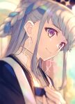  1girl blurry blurry_background fate/grand_order fate_(series) grey_hair hands_on_own_chest hat highres long_hair looped_braids mitre pope_joan_(fate) portrait purple_eyes saipaco smile 