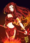  1girl absurdres armlet boots bracelet brown_eyes brown_hair cleavage_cutout clothing_cutout dated facial_mark fate/grand_order fate_(series) fire fishnet_legwear fishnets forehead_mark hand_on_hip highres holding holding_polearm holding_weapon jewelry long_hair navel nezha_(fate) polearm side_cutout signature spear spiked_bracelet spikes thigh_boots thighlet tsukaasa twintails weapon 