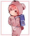  1boy animal_ears animal_hood bear_ears bear_hood bear_tail blush child closed_mouth facing_viewer frown highres hood looking_at_viewer male_child male_focus original outline pink_eyes pink_hair pink_outline short_hair solo tail thebrushking white_background 