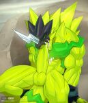  2022 abs anthro armor autofellatio balls bandai_namco big_penis bodily_fluids bulkmon clothing cum cum_in_mouth cum_in_own_mouth cum_in_self cum_inside cum_on_self digimon digimon_(species) digital_media_(artwork) fellatio fingerless_gloves genital_fluids genitals gloves green_body handwear headgear helmet hi_res male masturbation muscular oral oral_masturbation penile penile_masturbation penis sex solo spikes spikes_(anatomy) todex 