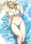 1girl arm_support bangs bikini blonde_hair breasts cleavage day feet fullmetal_alchemist hair_down hair_over_one_eye hand_up highres knee_up large_breasts long_hair navel ocean on_ground outdoors outstretched_leg ozaki_(tsukiko3) partially_submerged riza_hawkeye shore sitting solo swimsuit thigh_gap toned water wet white_bikini 