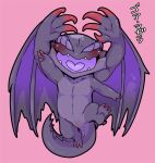  &lt;3 absurd_res blush capcom chibi claws dark_body doneru dragon fangs gesture gore_magala hi_res japanese_text monster monster_hunter purple_wings raised_arm raised_leg raised_wings scalie simple_background solo text v_sign video_games winged_arms wings 