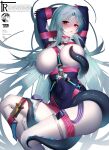  1girl absurdres arms_up between_breasts blue_hair bodysuit breasts highres large_breasts looking_at_viewer navel original red_eyes rib_(rib_delesetong) skindentation solo tentacles thick_thighs thigh_strap thighs 