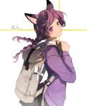  1girl :3 animal_ears backpack bag bangs blush braid cat_hair_ornament dated eden_(eden871225) fox_ears fox_girl from_side hair_ornament hairclip hands_up highres holding_strap long_sleeves looking_at_viewer original parted_bangs pleated_skirt purple_eyes purple_hair school_uniform signature skirt slit_pupils smile solo twin_braids umbrella 