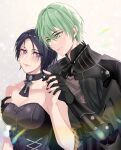 1boy 1girl absurdres armor bare_shoulders black_armor black_choker black_dress black_gloves black_hair bodice breasts byleth_(fire_emblem) byleth_(fire_emblem)_(male) choker cleavage closed_mouth commission couple dress enlightened_byleth_(male) eyebrows_visible_through_hair fire_emblem fire_emblem:_three_houses gauntlets gloves graxiakaz green_eyes green_hair hetero highres holding_hands looking_at_another medium_breasts mixed-language_commentary purple_eyes shamir_nevrand short_hair smile strapless strapless_dress upper_body 