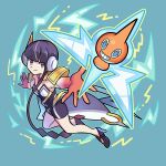  1girl bangs black_bodysuit black_footwear black_hair blue_eyes blunt_bangs bodysuit closed_mouth commentary_request elesa_(pokemon) gloves headphones high_heels highres lightning_bolt_symbol looking_at_viewer multicolored_hair official_alternate_costume orange_gloves outstretched_arms pokemon pokemon_(creature) pokemon_(game) pokemon_masters_ex rotom rotom_(normal) short_hair_with_long_locks smile streaked_hair sutokame 