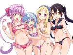  4girls ahoge ayune_(kei) bikini black_bikini black_hair blonde_hair blue_eyes blue_hair blush breasts brown_eyes cleavage closed_mouth collarbone eyebrows_visible_through_hair fa_(rpg_fudousan) fang frilled_bikini frills hair_ribbon hairband heart highres kazairo_kotone large_breasts long_hair looking_at_viewer multiple_girls navel open_mouth pink_hair ponytail purple_bikini purple_eyes rakira_(rpg_fudousan) red_bikini ribbon rpg_fudousan rufuria_(rpg_fudousan) shiny shiny_hair side-tie_bikini simple_background small_breasts smile swimsuit twintails white_background white_bikini yellow_eyes 