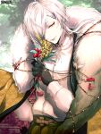  1boy black_gloves cape copyright_name dairoku_ryouhei day egasumi flower fur_scarf gloves hair_over_one_eye hand_on_hip holding holding_flower long_hair long_sleeves looking_at_viewer male_focus morino_bambi outdoors pale_skin red_eyes standing white_hair 