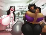  absurd_res anthro belt big_breasts black_hair black_nose blush bottomwear breasts bridget_malcolm_(lildredre) brown_body brown_fur butt canid canine canis cleavage clothed clothing dalmatian digital_media_(artwork) domestic_dog duo embarrassed english_text female female/female fingers fur gabriela_romano_(lildredre) hair hi_res huge_breasts hyper hyper_breasts keyhole_clothing long_hair looking_at_viewer mall mammal midriff midsection open_mouth overboob pants procyonid raccoon smile spots spotted_body spotted_fur standing teeth text thebigbadwolf01 thick_thighs tongue topwear tube_top white_body white_fur wide_hips 