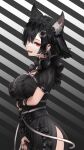  1girl absurdres animal_ear_fluff animal_ears arm_belt arm_under_breasts arm_warmers black_background black_bow black_dress black_hair black_hairband black_nails bow bow_earrings braco breasts cat_ears center_frills cross_piercing dress ear_piercing earrings frills from_side gothic_lolita gradient gradient_background hair_ornament hairband hairclip head_tilt hexagon_hair_ornament highres jewelry large_breasts lolita_fashion looking_at_viewer maid_headdress mitsurugi_lia multiple_rings nail_polish piercing puffy_short_sleeves puffy_sleeves red_eyes ribbon ring seductive_smile short_hair short_sleeves sideways_glance smile striped striped_background virtual_youtuber wactor_production white_ribbon 