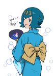  1girl ;p alternate_costume blue_eyes blue_hair blue_kimono bright_pupils bubble character_print commentary_request dated from_behind hairband highres japanese_clothes kimono lana_(pokemon) no_sclera one-hour_drawing_challenge one_eye_closed pokemon pokemon_(anime) pokemon_sm_(anime) popplio sash short_hair signature tamura_(kouititamura) tongue tongue_out white_background white_pupils yellow_hairband yellow_sash 