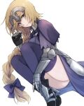  1girl armor armored_dress blonde_hair bow braid braided_ponytail closed_mouth dress eyebrows_visible_through_hair fate/apocrypha fate_(series) faulds fetal_position gauntlets hair_bow headpiece highres jeanne_d&#039;arc_(fate) long_hair looking_at_viewer lying maru_(pixiv51714255) on_side ponytail purple_bow purple_dress purple_eyes purple_legwear simple_background smile solo thighhighs very_long_hair white_background 