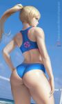  1girl adapted_costume ass back bare_shoulders beach bikini blonde_hair blue_bikini blue_eyes blue_sky closed_mouth contrapposto cowboy_shot english_commentary floating_hair from_behind hand_on_own_thigh long_hair looking_at_viewer looking_back meekohopanes metroid patreon_logo patreon_username samus_aran sky solo swimsuit tankini thighs volleyball_net web_address 