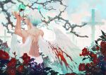  1boy angel angel_wings apple arsh_(thestarwish) blood blood_on_arm blood_on_hands bloody_wings branch cloud cloudy_sky facing_away feathered_wings flower food from_behind fruit graveyard halo hands_up male_focus original red_flower short_hair sky solo tombstone topless_male upper_body white_hair white_wings wings 
